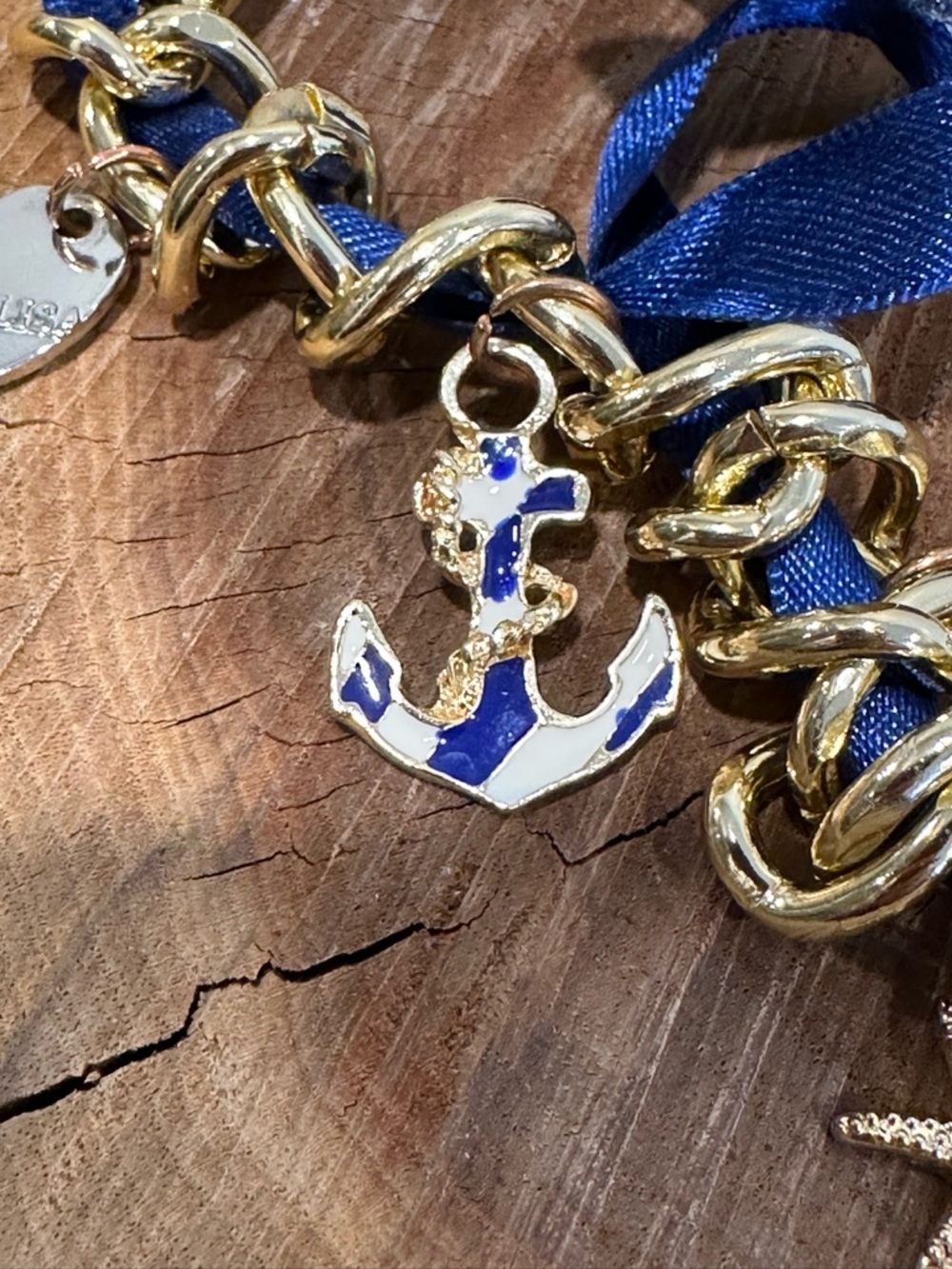 MONA LISA Gold Charm Necklace with Blue Ribbon